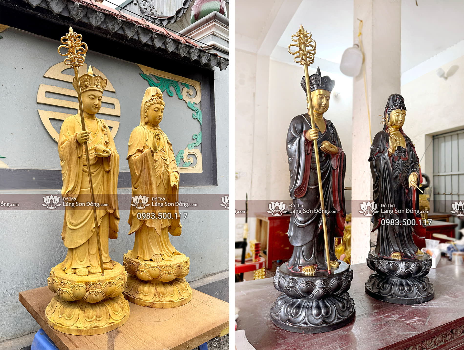 Tôn Tượng Địa Tạng Vương và Quán Thế Âm Bồ Tát sơn thếp giả cổ