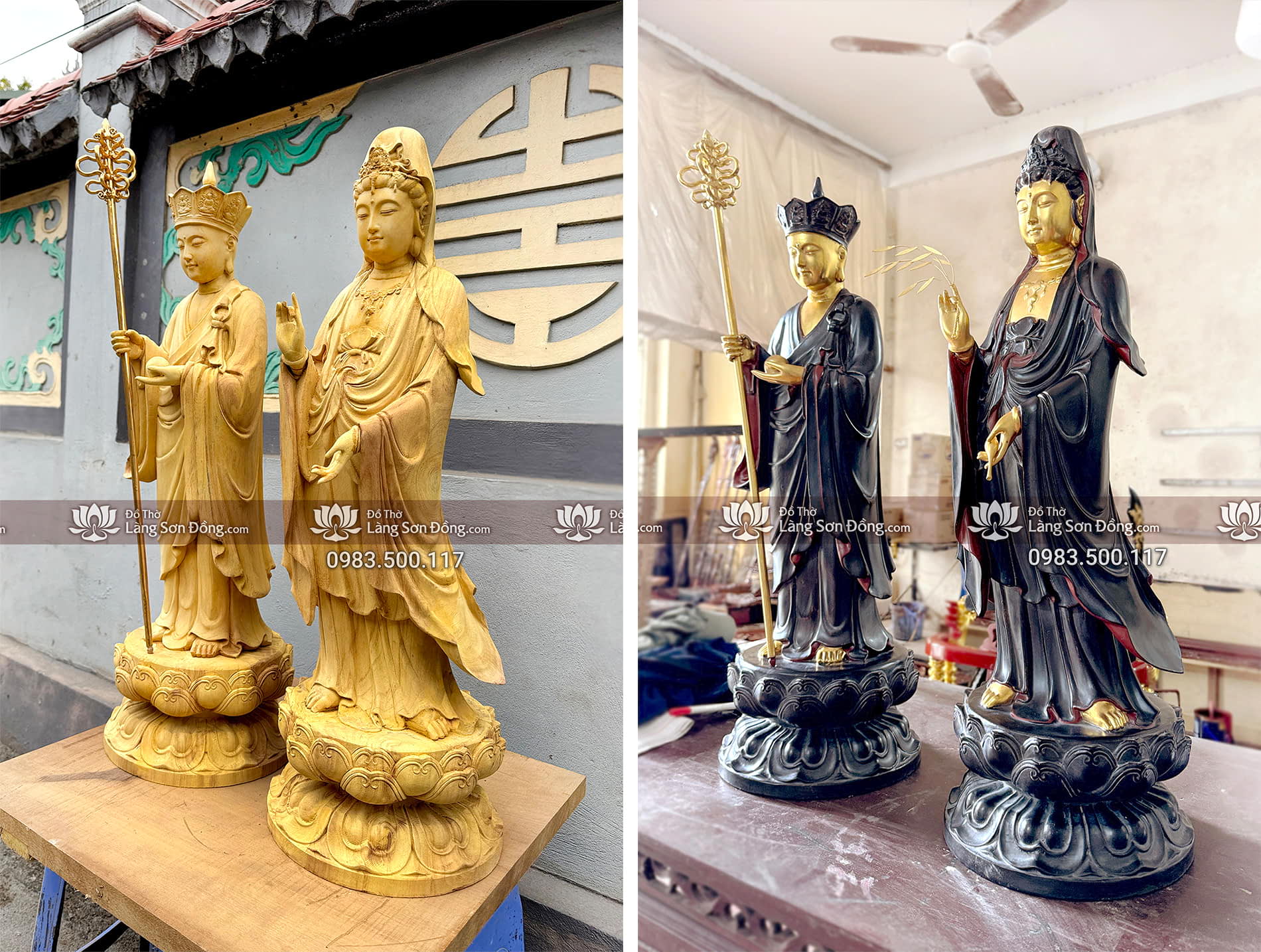 Tôn Tượng Địa Tạng Vương và Quán Thế Âm Bồ Tát sơn thếp giả cổ